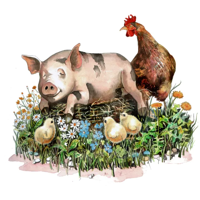 Illustration by Liam O'Farrell showing piglets, a chicken, and chicks among wildflowers