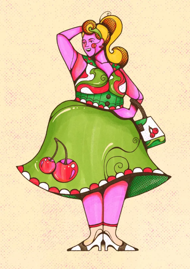 Laura Greenan illustration of a plus-size woman in a cherry-patterned dress