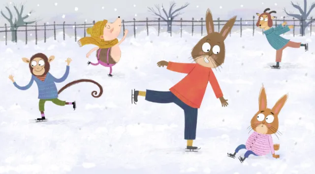 Animals ice skating and playing in snow, illustrated by Dalia Awad