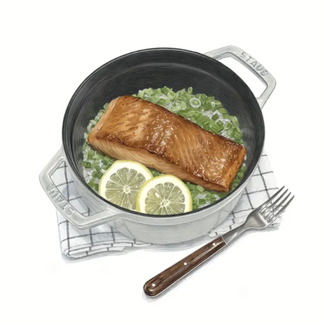 Roasted salmon with lemon slices in a pot by Dena Cooper