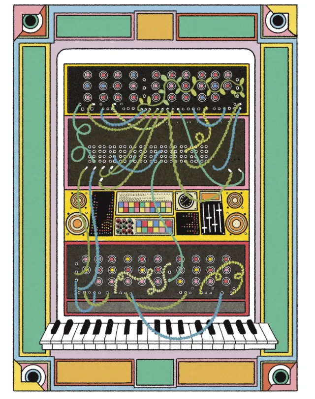 1960s synthesizer and control panel illustration with Art Deco border by Lydia Silver