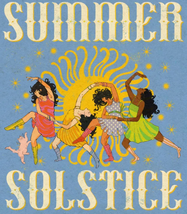Four women dancing around radiant yellow sun with stars, by Lydia Silver