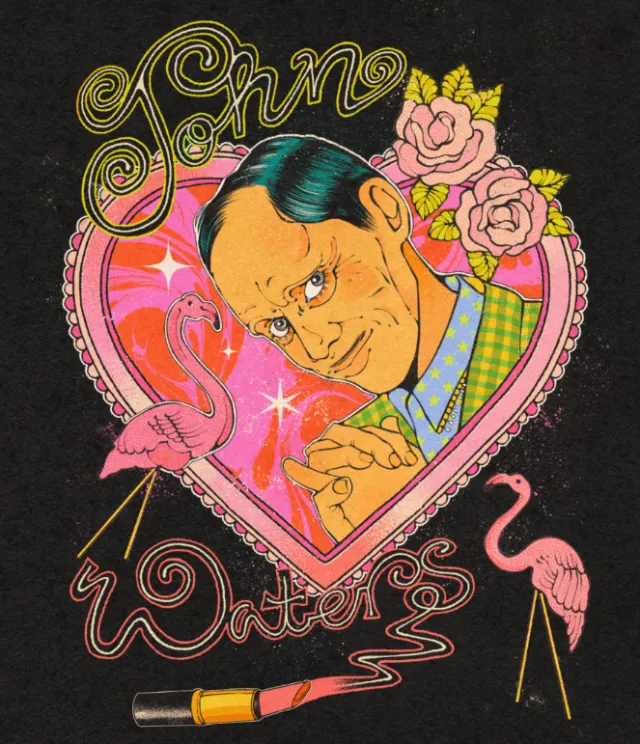 Illustrated portrait of John Waters with pink flamingos and roses by Lydia Silver