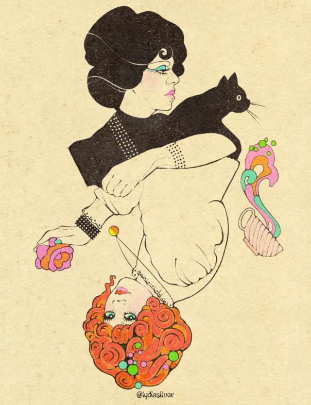 Playing card style illustration of two Morgiana characters with cat by Lydia Silver