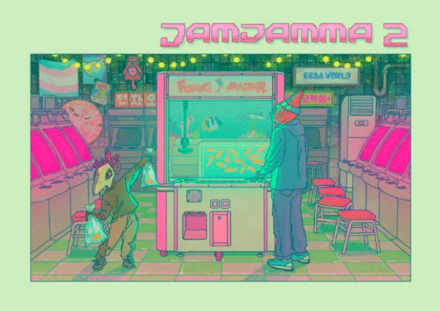 Two people playing JamJamma 2 arcade game in neon-lit room by Ing Lee