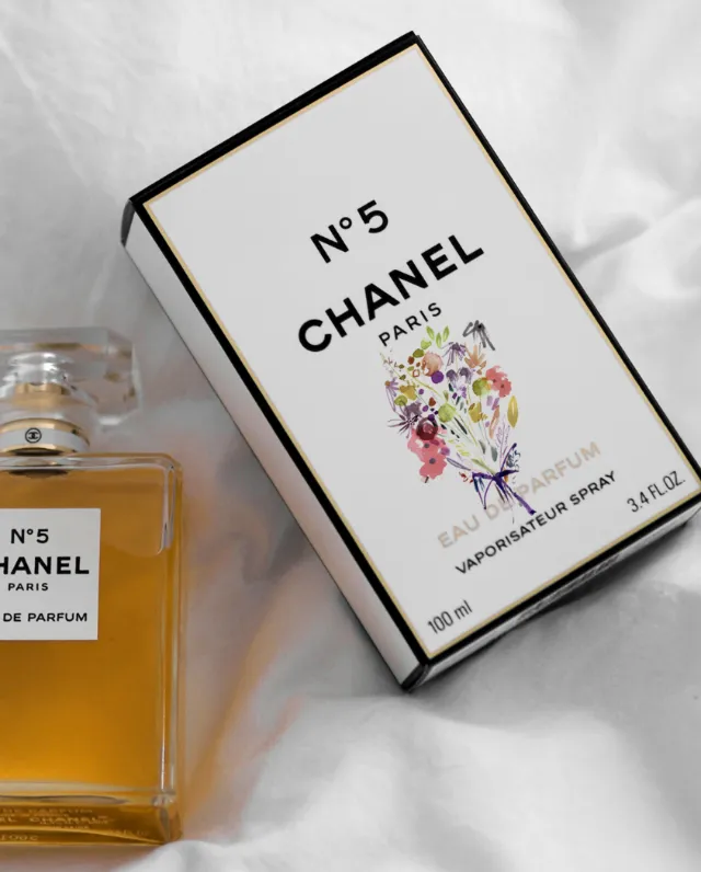 Chanel No 5 perfume bottle and box with floral watercolor by Nadia Flower