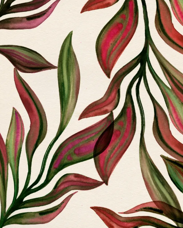 Abstract watercolor leaves pattern in red and green hues by Nadia Flower