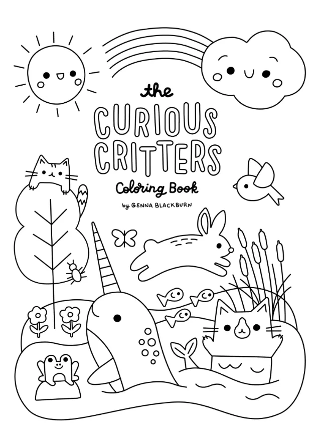 Black and white coloring book cover with animals and nature by Genna Blackburn