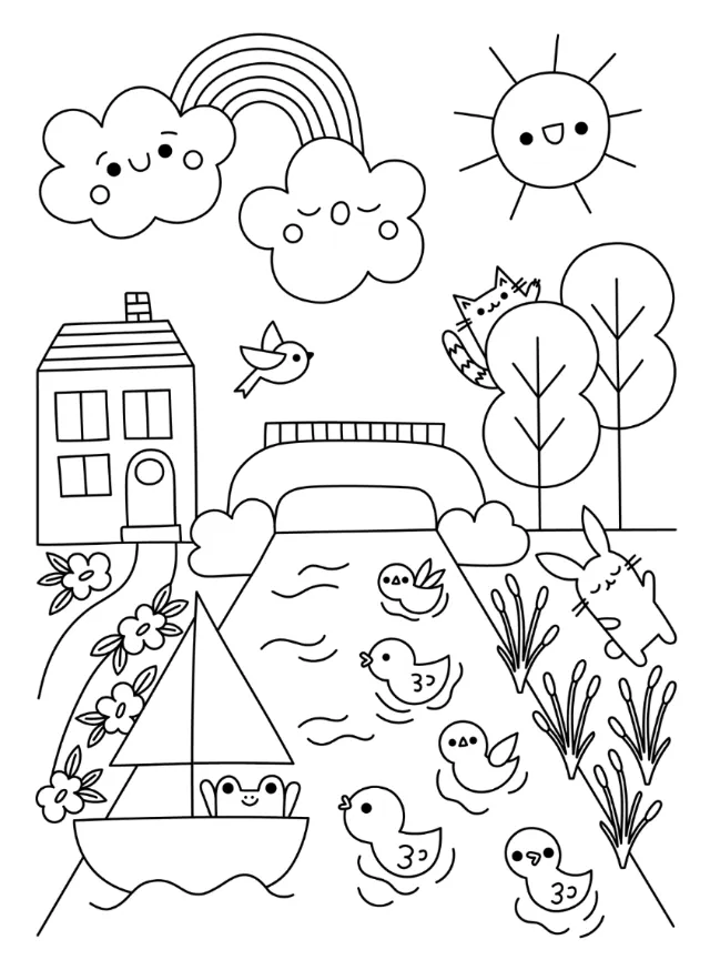 Line drawing of a sunny nature scene with animals, boat, and trees by Genna Blackburn