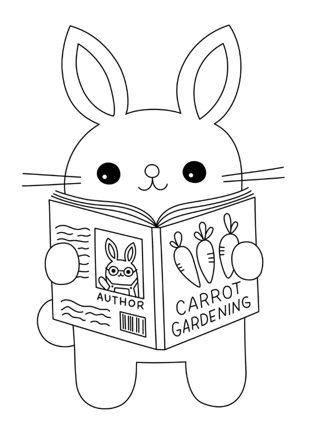 Illustration of bunny reading Carrot Gardening with book cover showing carrots by Genna Blackburn