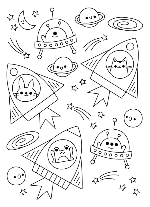 Black and white space scene with cats, frog, and aliens in rockets and UFOs by Genna Blackburn
