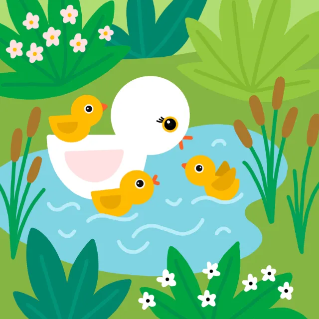 Mother duck and three ducklings swimming in a pond by Genna Blackburn