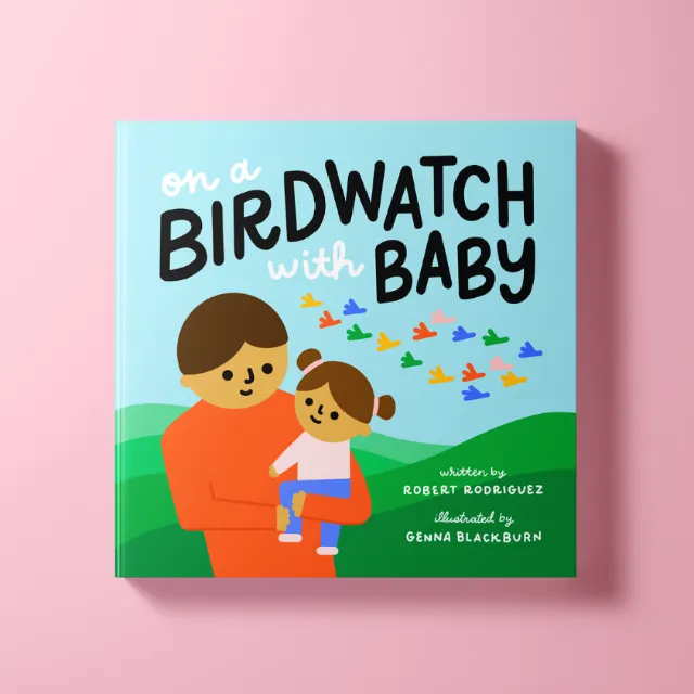 Book cover showing father holding baby and colorful birds, illustrated by Genna Blackburn