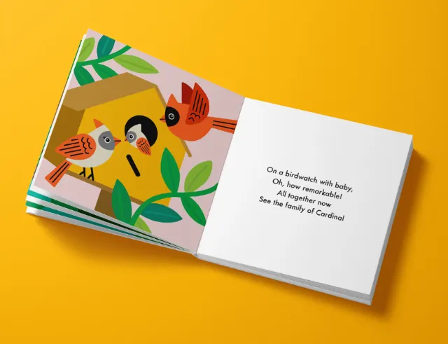 Children's book page with birdhouse, three cardinals and poem by Genna Blackburn