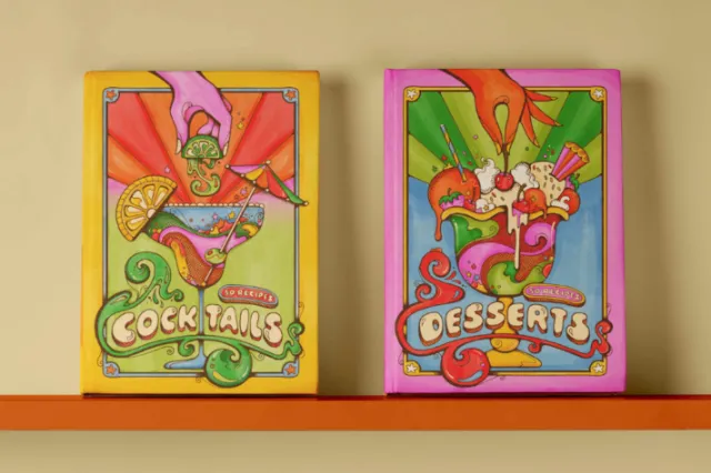 Colorful 1960s style illustrated cocktail and dessert recipe book covers by Laura Greenan