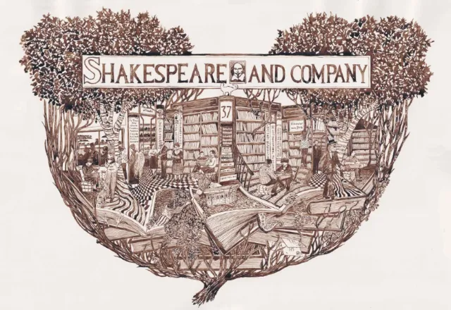 Detailed ink drawing of Shakespeare and Company bookstore interior by Rohan Eason