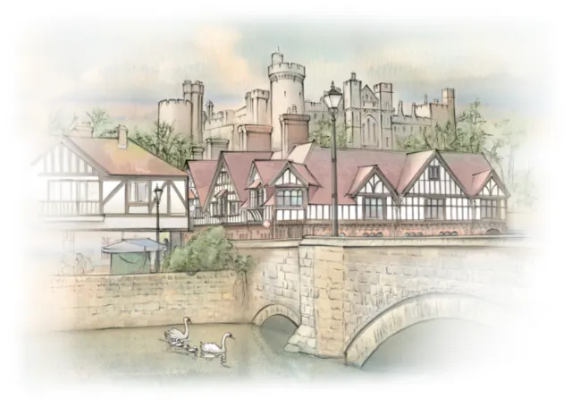 Illustration of Arundel Castle by Juliet Percival showing river and historic buildings