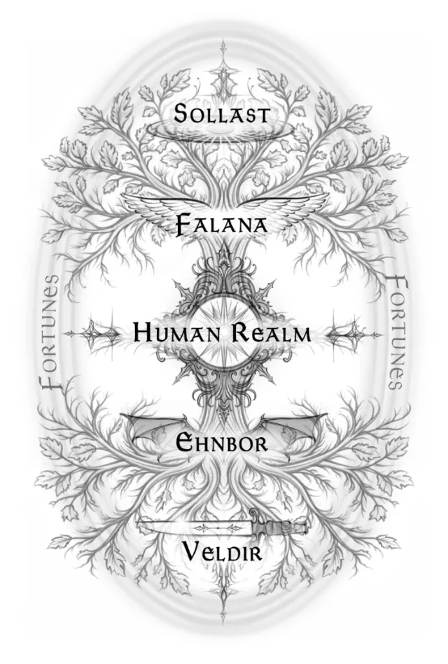 Black and white fantasy map with labeled realms by Juliet Percival
