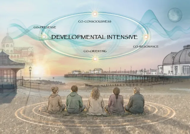 Illustration of five people sitting on a beach at sunset with co-presence circles by Juliet Percival