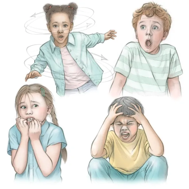 Four children displaying shock and surprise, illustrated by Juliet Percival