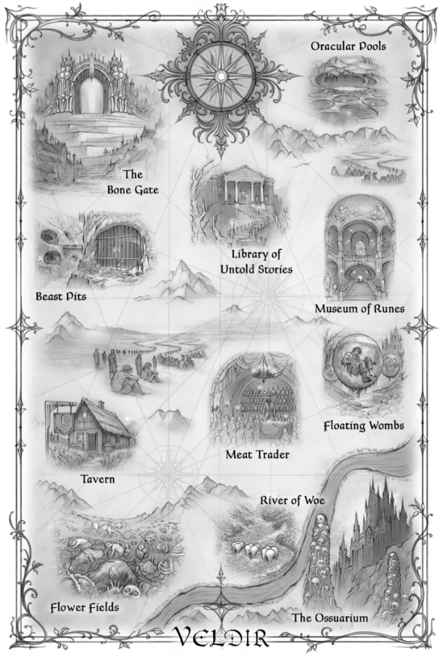 Black and white map of Veldir locations by Juliet Percival