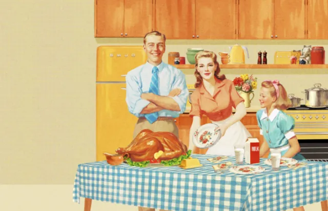 1950s style family preparing Thanksgiving dinner in kitchen by Heather Landis