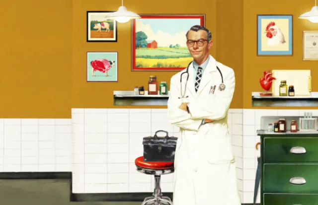 Doctor in white coat in vintage medical office by Heather Landis