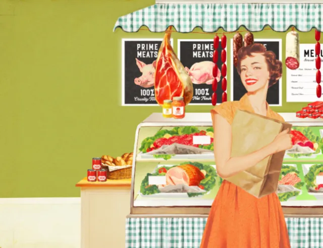 Vintage woman shopping at meat counter by Heather Landis