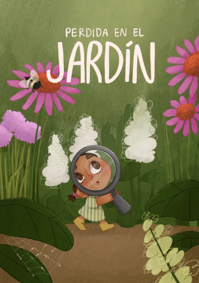 Illustration by Martina Curiotto of a girl exploring a garden with a magnifying glass