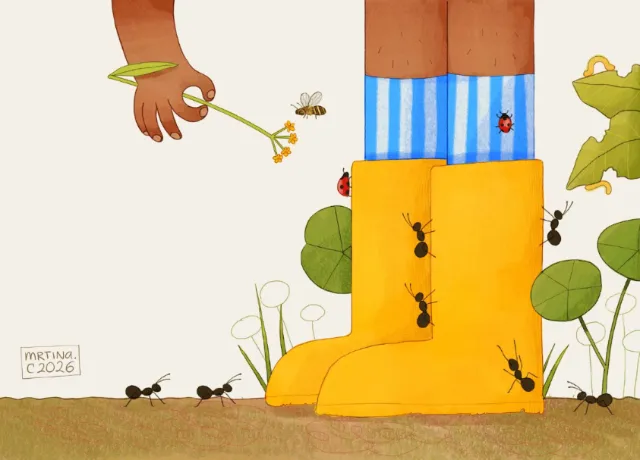 Martina Curiotto illustration of a yellow boot surrounded by ants and insects