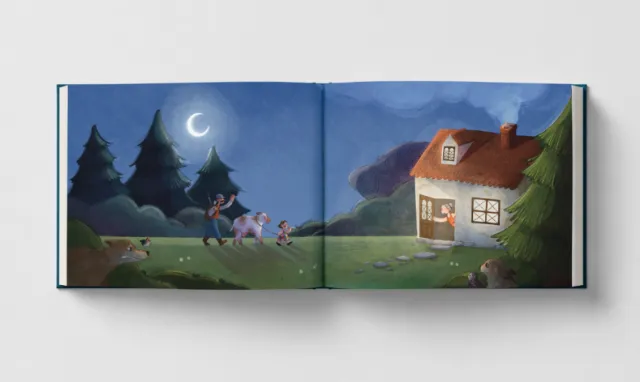 Moonlit forest cottage book illustration by Martina Curiotto