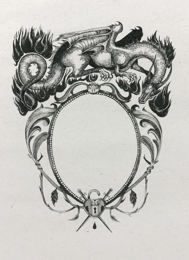 Studio Duco dragon illustration forming an ornate decorative frame