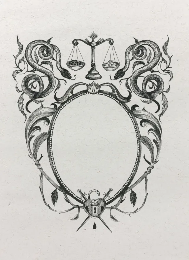 Studio Duco illustration of an ornate serpent frame with scales and skull