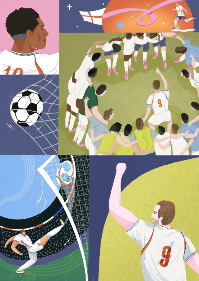 Fangfang Han illustration of soccer players, a football, and stadium scenes in colorful panels