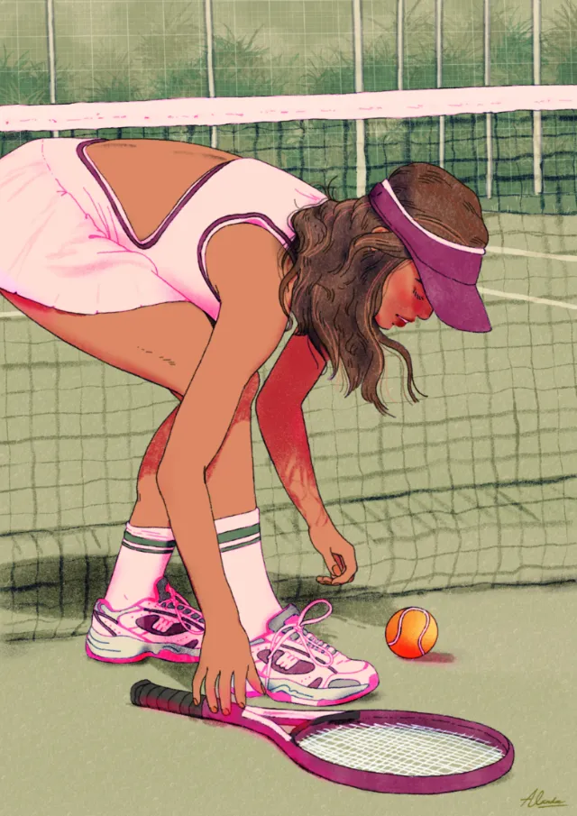 Alxndra Cook illustration of a tennis player picking up a ball