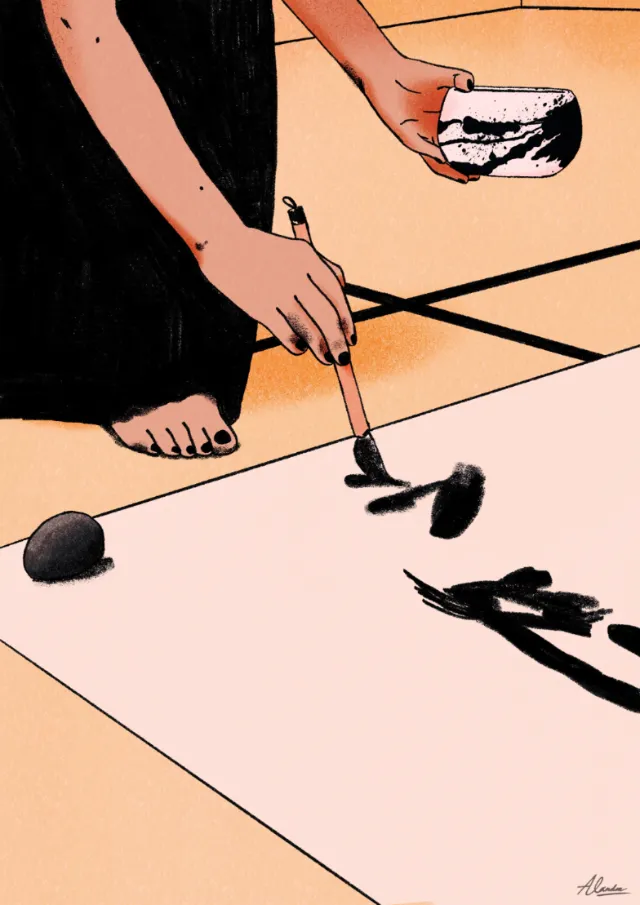 Alxndra Cook illustration of a person practicing Japanese calligraphy