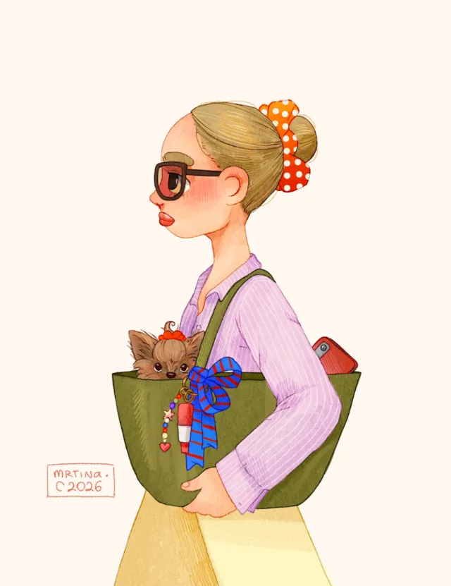 Illustration by Martina Curiotto of a girl carrying a small pet in a decorated bag.