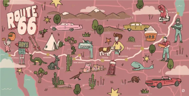 Illustrated Route 66 map by Megan McKean showing roadside scenes