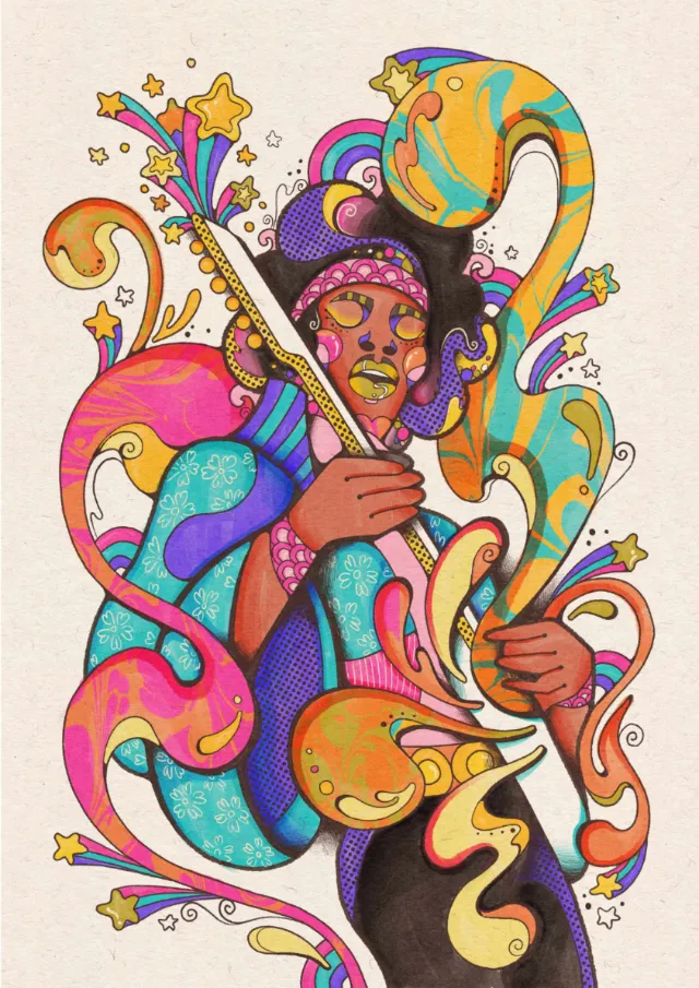 Colorful psychedelic portrait of Jimi Hendrix by Laura Greenan playing guitar