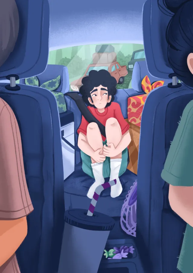 Illustration by Carol Rempto of a child seated in a car among luggage