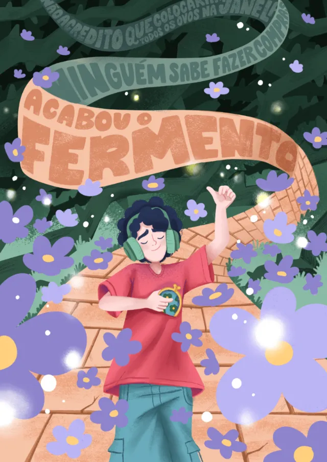 Carol Rempto illustration of a happy boy listening to music among flowers
