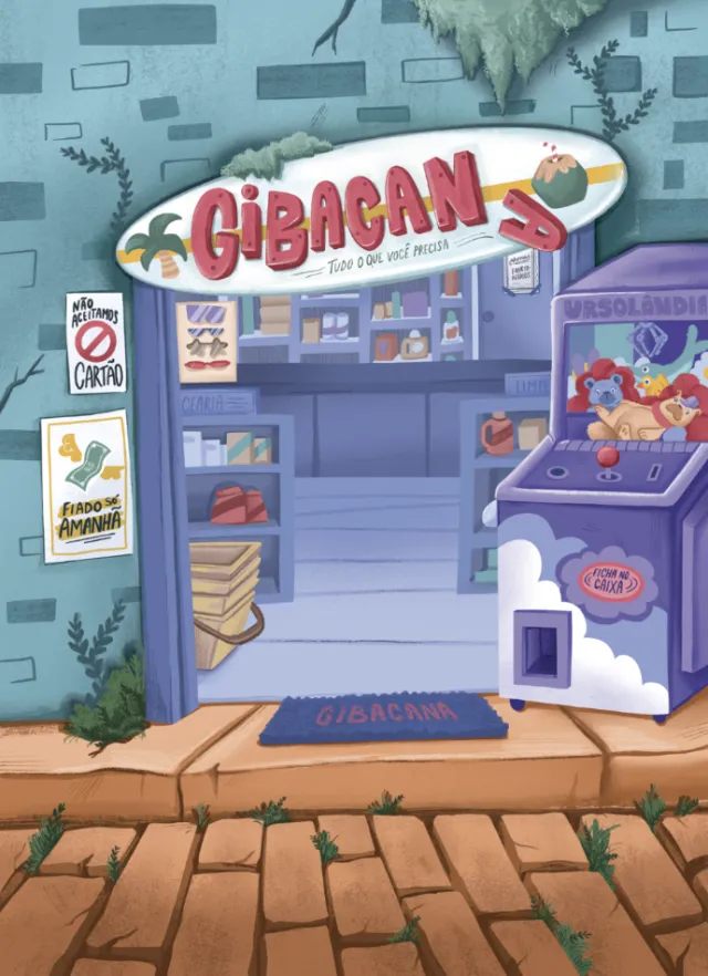 Illustration by Carol Rempto of a beachside grocery store with a claw machine