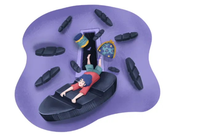 Carol Rempto illustration of two figures reclining on a dark form amid floating shapes