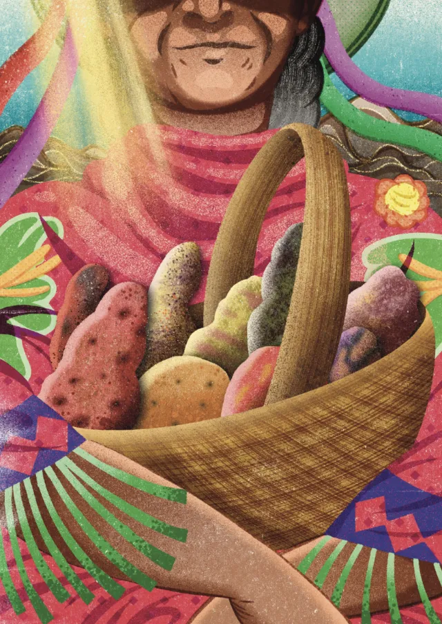 Oliver Li illustration of a woman in colorful clothing holding a fruit basket