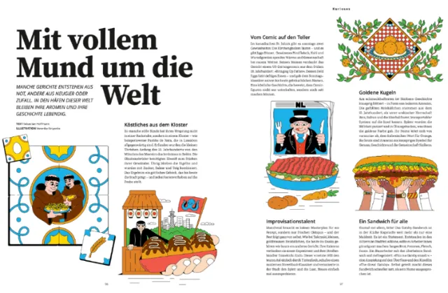 Magazine spread of global food illustrations by Veronika Kiriyenko