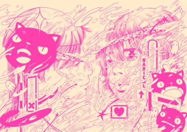 Pink cat and woman illustration by Carolina Rodriguez Fuenmayor