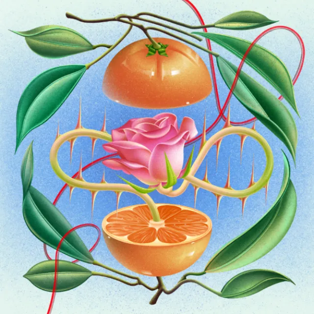 Wenjing Yang artwork of orange fruit, pink flower, vines, and green leaves