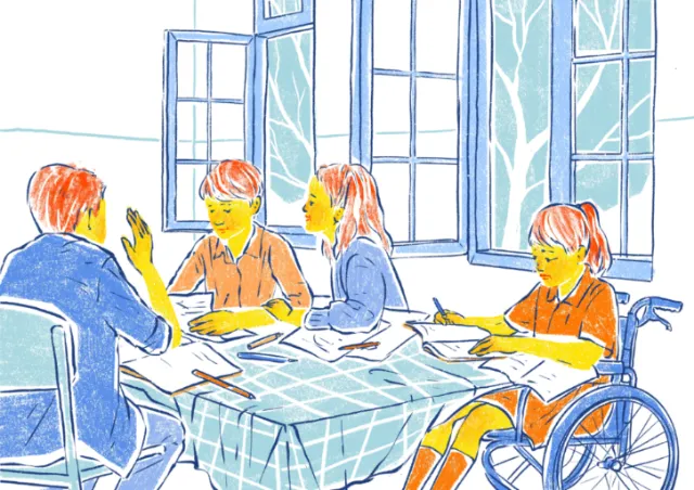 Roma Gavrila illustration of children learning together in an inclusive classroom