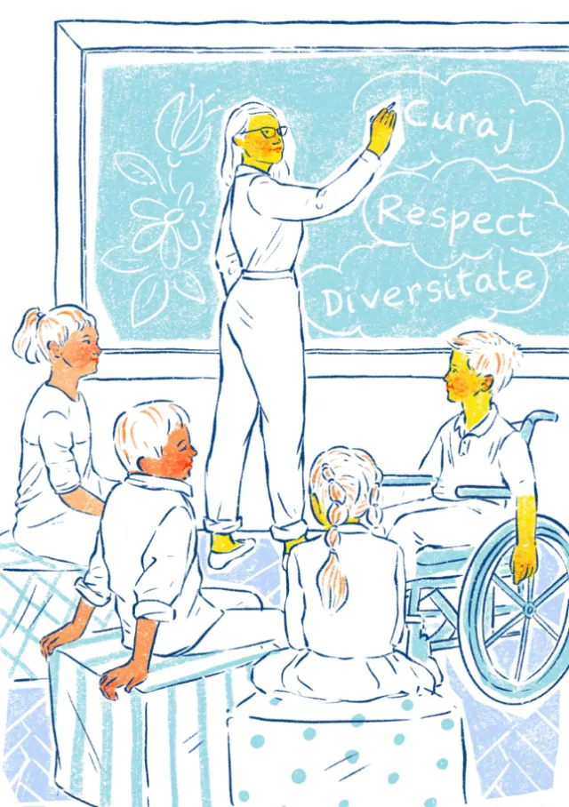 Roma Gavrila illustration of children learning in an inclusive classroom