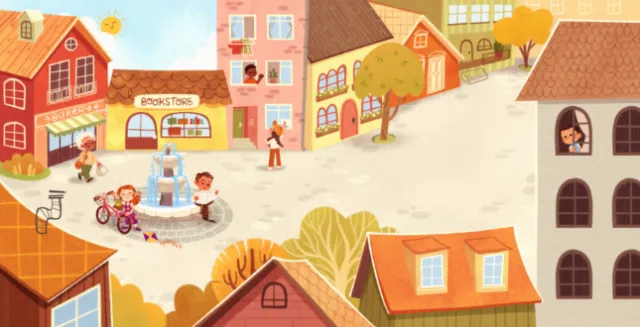 Illustration by Isa Sonntag showing a colorful village square with houses and pedestrians